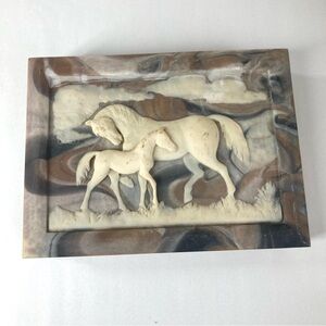 Incolay Stone Jewelry Box Vintage Dante Carved USA Made Horses American Walnut